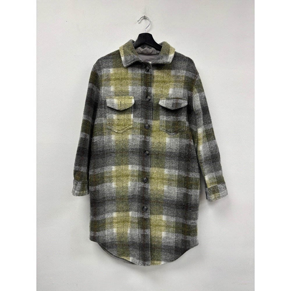 Joie Jacket Womens Small Gray Green Plaid Button‎ Front Long Shirt Coat Shacket